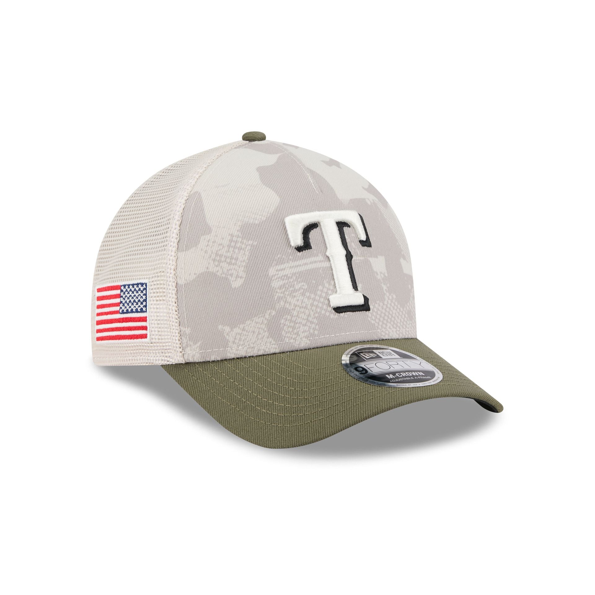 Texas Rangers Armed Forces Day 2025 9FORTY M-Crown A-Frame Trucker Hat